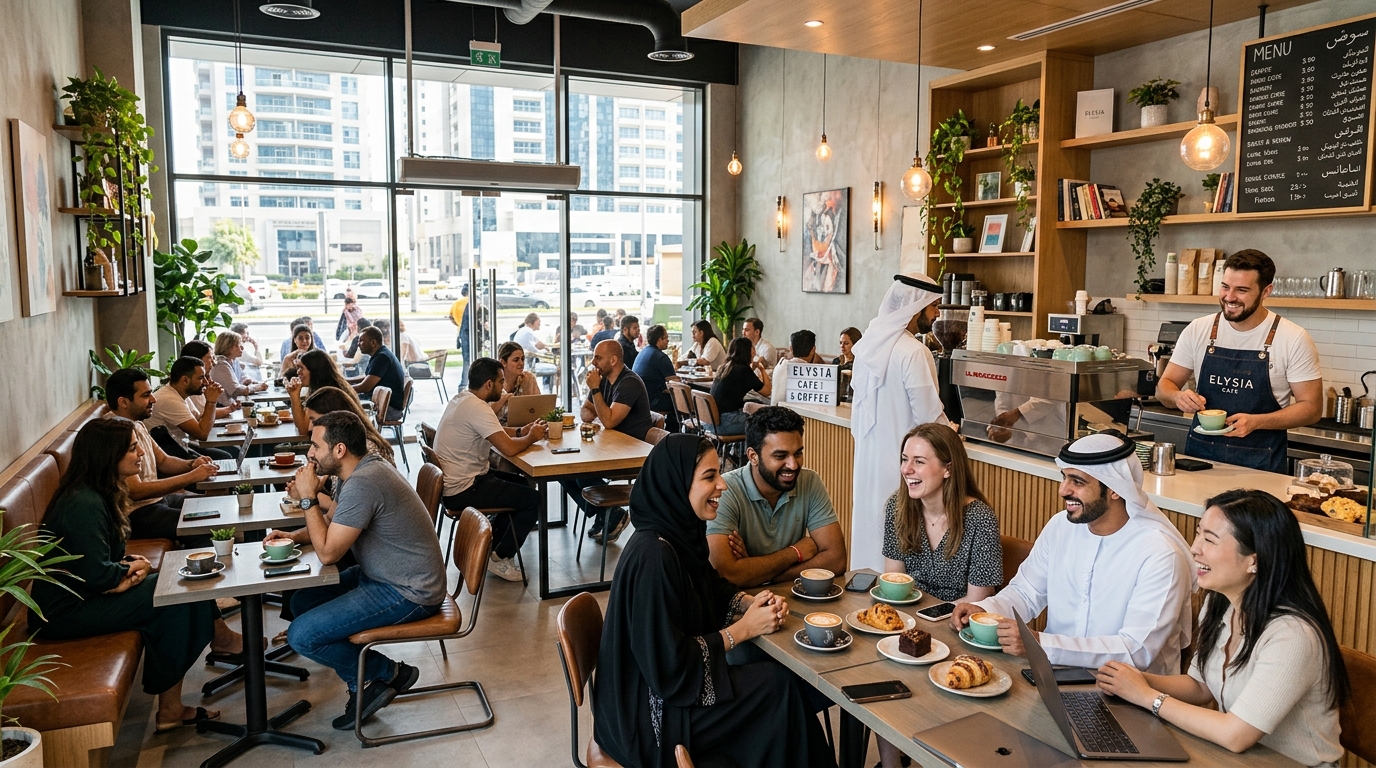 Busy cafe full of customers
