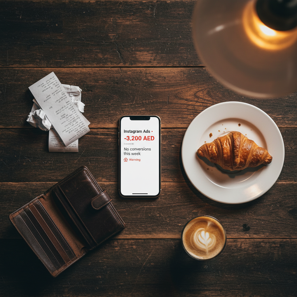 Stack of receipts and a phone showing failed ad campaign