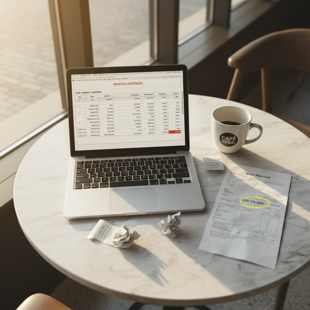 Overhead view of a desk with monthly cost spreadsheet and rent invoice