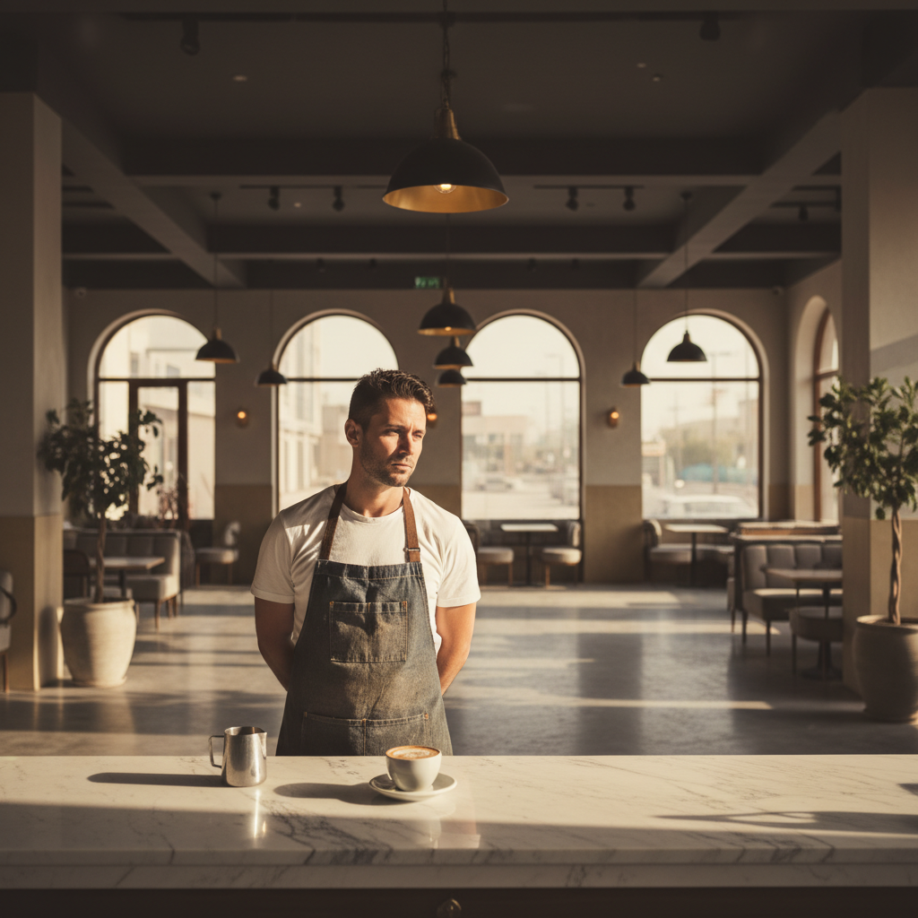 Cafe owner alone behind the bar in an empty cafe at 3pm