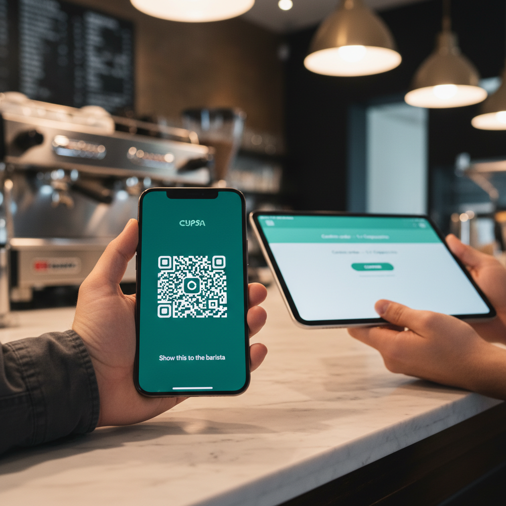 Customer scans CUPSA QR; barista confirms
